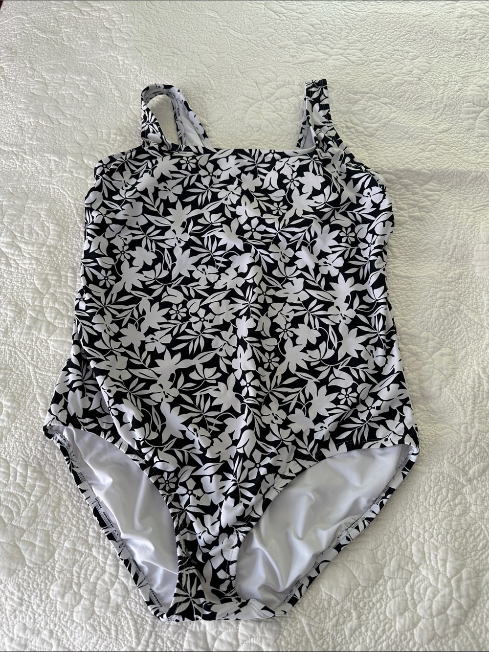 Lands' End Black and White Floral One-Piece Swimsuit